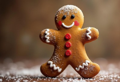 Festive gingerbread cookie with icing and decorations