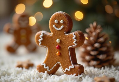 Gingerbread cookies with festive decorations on display