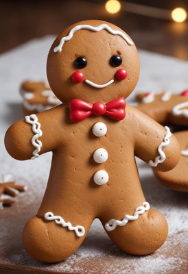 Gingerbread man stands proudly on decorated festive table