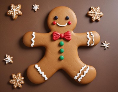 Gingerbread figure surrounded by festive cookies on table