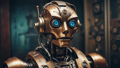 Retro robotic character with glowing blue eyes in studio