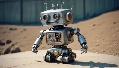 Retro robot stands on sandy terrain during daytime
