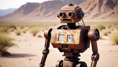 Rusty robot stands alone in desert landscape