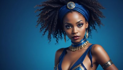Elegant woman in blue attire poses with confidence