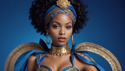 Elegant model showcases stunning blue gown and accessories