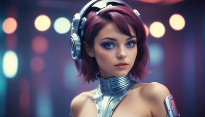 Futuristic woman with vivid hair and metallic outfit