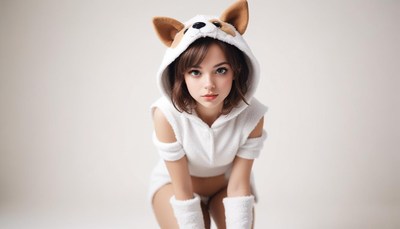 Young woman in cute animal costume posing indoors