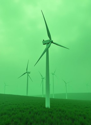 Wind turbines generating energy in green landscape