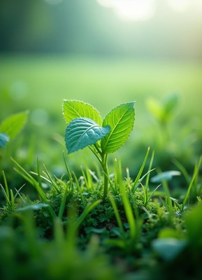 New green plant sprouting in a lush meadow