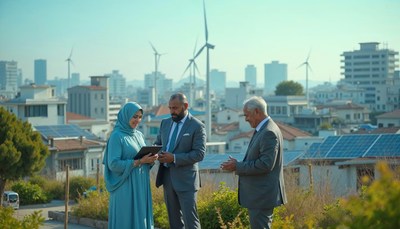 Urban business meeting with wind turbines