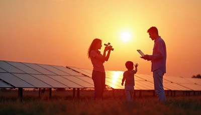 Family enjoying sunset at solar panel farm