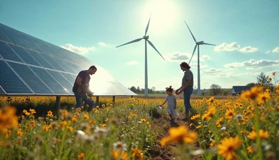 Family enjoying nature near solar panels and wind turbines