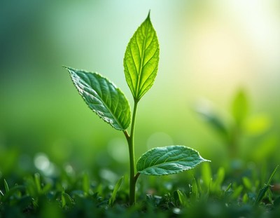 New green sprout emerging from the soil in sunlight