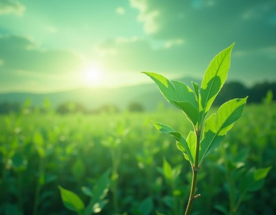New leaves emerging under early morning sunlight