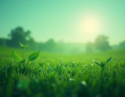 New plant sprouts in green field under bright morning sun