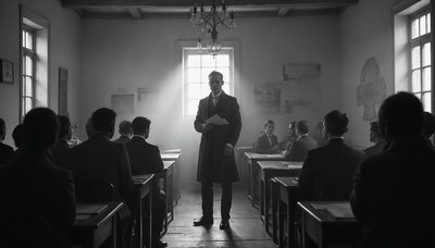 Teacher addresses students in a dimly lit classroom