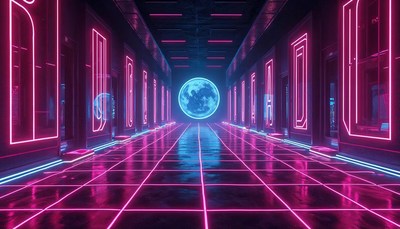 Neon-lit corridor with glowing moon at night