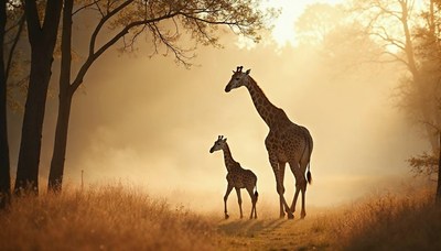 Giraffes walking through a misty savanna at sunset
