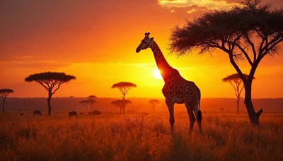 Giraffe silhouette under vibrant sunset in savanna