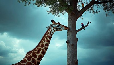 Giraffe interacting with tree and birds under cloudy sky