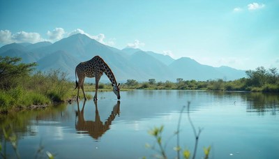 Giraffe drinking water in serene landscape with mountains