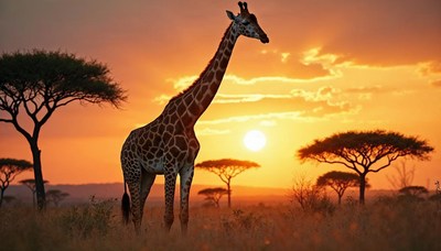 Giraffe standing tall at sunset in a savannah landscape