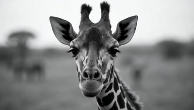 Giraffe close-up in black and white in the wild
