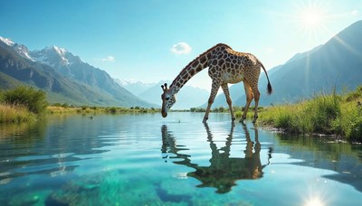 Giraffe drinking from a calm river under a sunny sky