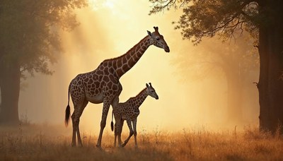 Giraffes walking in golden light during sunset
