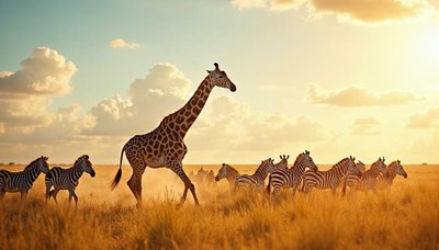 Giraffe walks among zebras during sunset in savanna