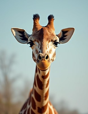 Giraffe standing in the sunlight with a clear sky behind