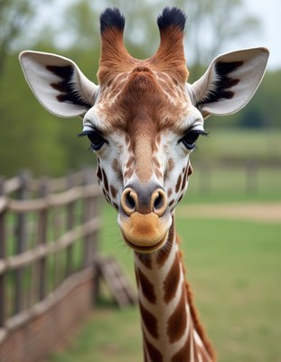 Giraffe looking curiously at the camera in a lush habitat