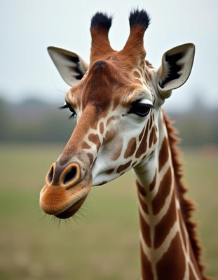 Giraffe stands gracefully in open field during overcast day