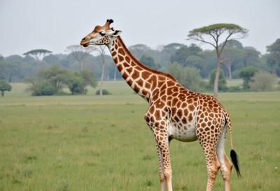 Giraffe grazing in a lush savanna landscape at dawn