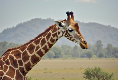 Giraffe in the wild against a distant mountain backdrop