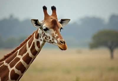 Giraffe grazing in an open savanna landscape near sunset