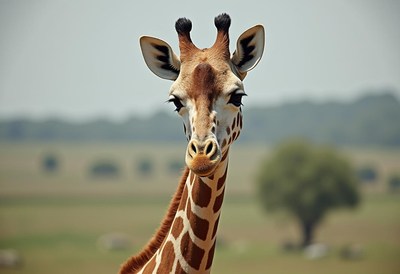 Giraffe looking curiously in a vast grassy landscape