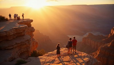 Visitors admire sunset over grand canyon landscape