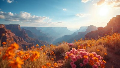 Grand canyon landscape with blooming wildflowers at sunset