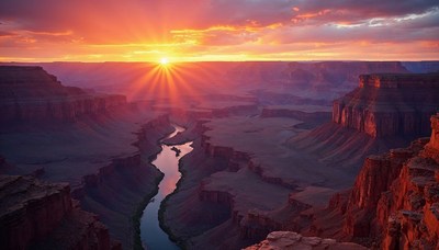 Majestic sunset over canyon and river landscape