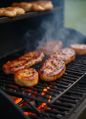 Juicy meat grilling over charcoal with smoke rising
