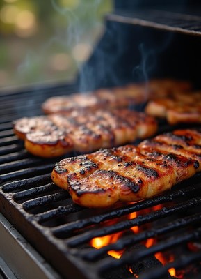 Grilled chicken steaks cooking on an outdoor barbecue