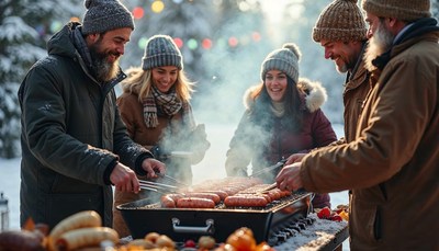 Friends enjoying a winter barbecue in a snowy landscape