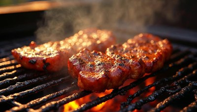 Sizzling grill with perfectly cooked meat at sunset