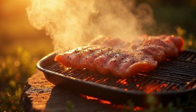 Grilling salmon fillets at sunset in a backyard setting