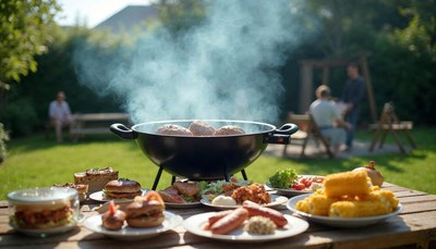 Summer barbecue gathering with grilled food and drinks