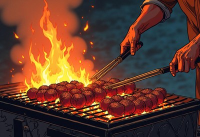 Grilling meatballs over a fire at a backyard party
