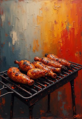 Grilled chicken on barbecue with vibrant background