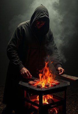 Cooking burgers over an open flame in the dark