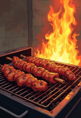 Grilling skewers over lively flames at a summer barbecue